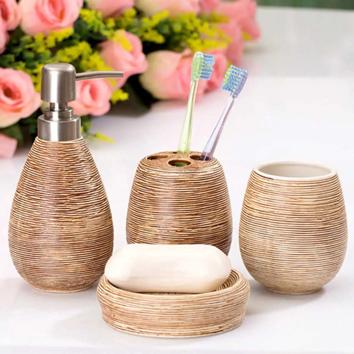 

4Pcs/Set Ceramic Textural Bathroom Accessory Retro Lotion Dispenser Toothbrush Holder Cup Soap Dish Modern Toilet Home Decor