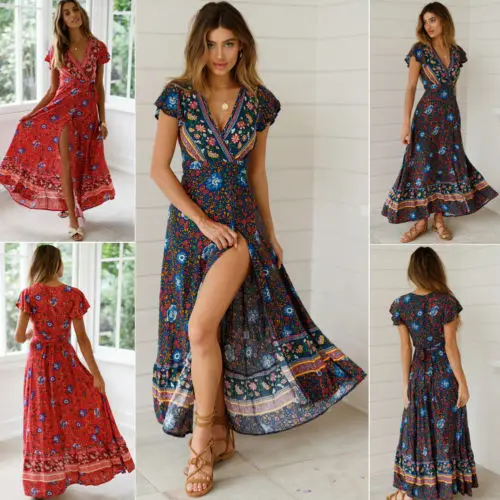 

2019 Summer Womens Floral Pretty Boho Long Maxi Evening Party Cocktail V Neck Red Navy Beach Dress