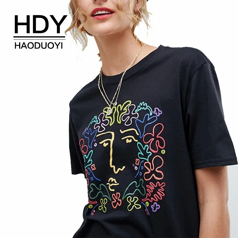 Женская футболка HDY Haoduoyi черная с коротким рукавом и принтом в стиле ретро