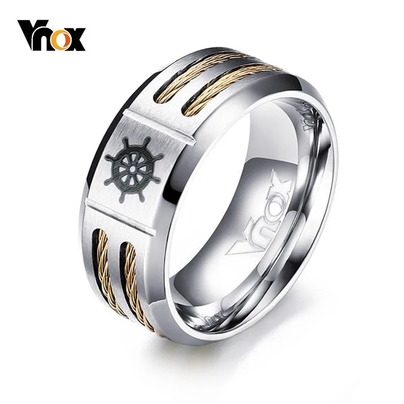 

Vnox Stylish Mens Rudder WIA Rings 9MM Stainless Steel anel masculino Sporty Accessory