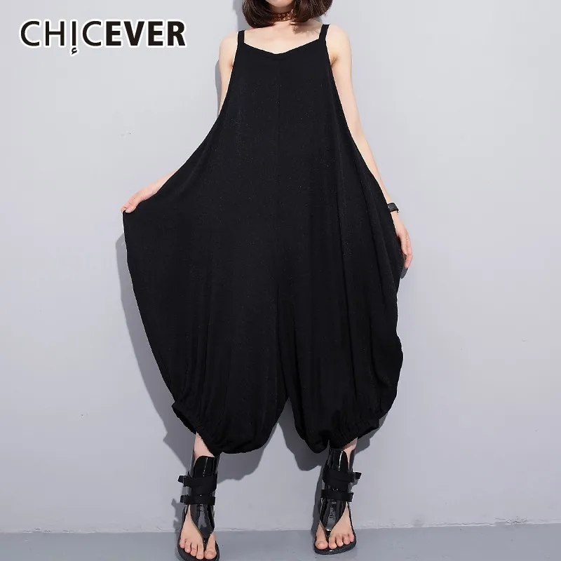 

CHICEVER Summer Casual Solid Black Women Jumpsuit V Neck Spaghetti Strap Backless Pockets Loose Plus Size Wide Leg Pants 2019