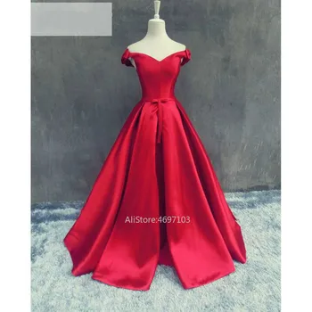

Red Off The Shoulder Soft Satin Length Floor A line Evening Dress Prom Dress Sweep Train Lace up Custom made Bridal Dress