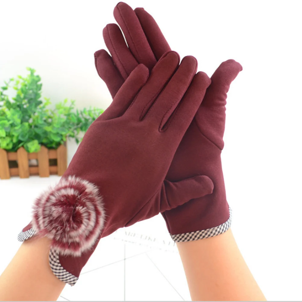 Fashion Women Winter Elegant Cotton Gloves Real Rabbit Fur Pompom