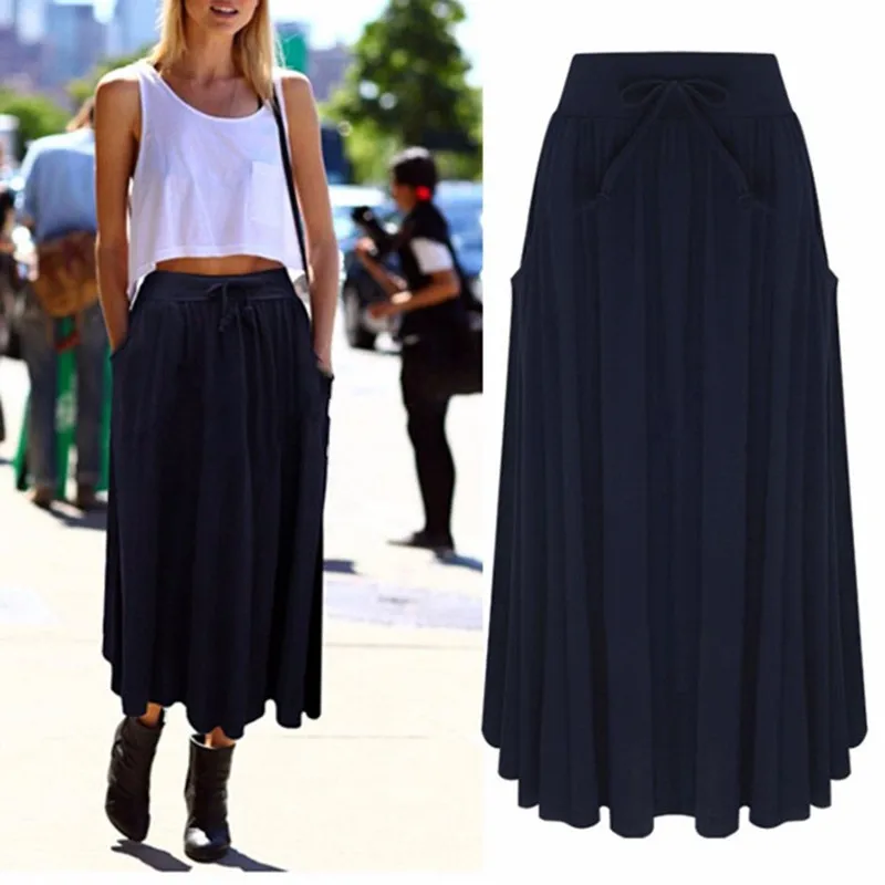 

2019 ZANZEA Women Long Skirt Elegant Elastic High Waist Pockets Pleated Skirts Casual Solid Loose Beach Midi Skirts Plus Size
