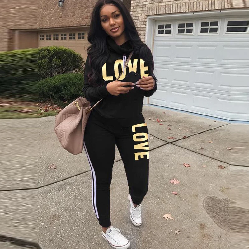 Skup Plus rozmiar 2 sztuka zestaw kobiety czarny strój nadruk napis love na szyję bluzy z kapturem bluza spodnie dresowe Streetwear garnitur casual