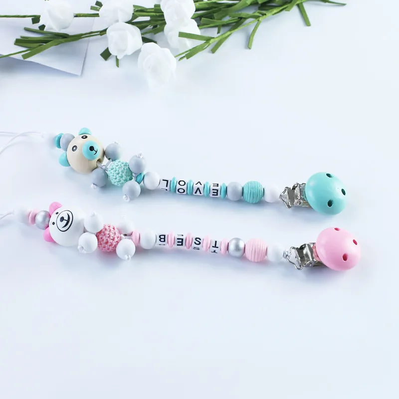 

Silicone Cartoon Bear Baby Pacifier Clip Wooden Bead Dummy Clip Holder Soother Chains Baby Teething Baby Gift