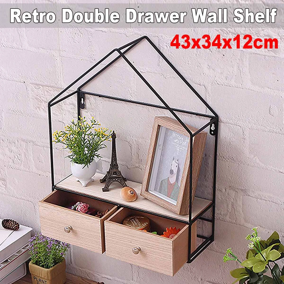 

Double Wooden Drawer Storage Racks Hanging Storage Box Flower Pot House Storage Rack Wall Book Figurines Display Crafts Shelves