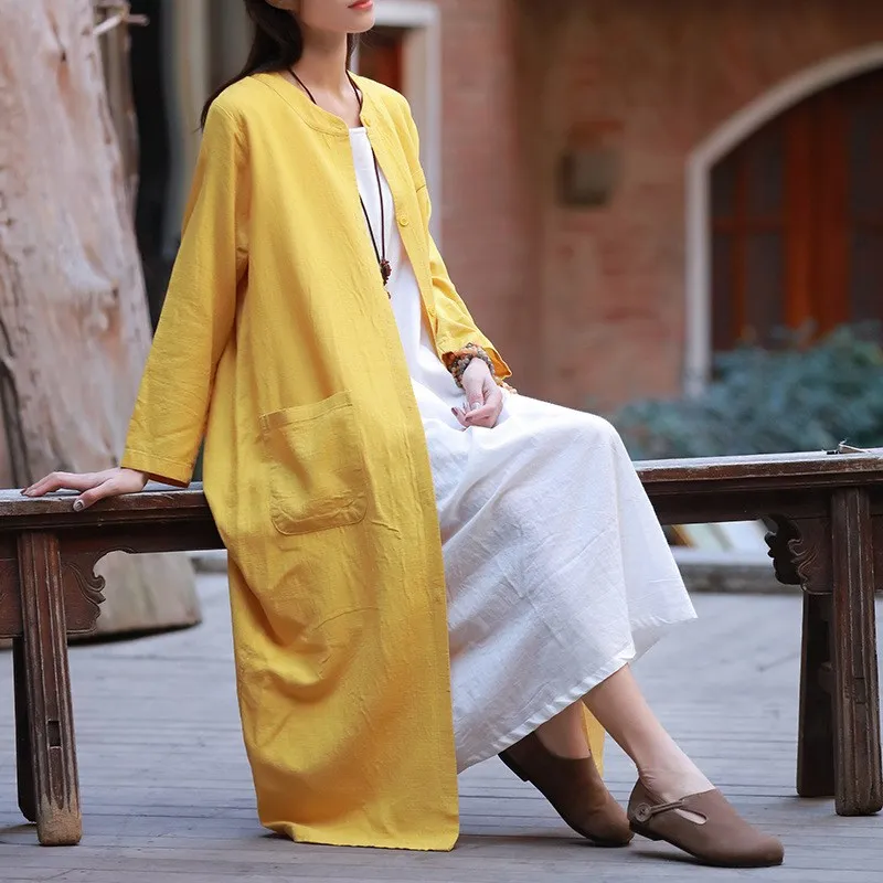 

2019 New Women Casual Style Cotton Linen Long Trench Spring Summer Long Sleeve Pocket Solid Linen Trench Coats
