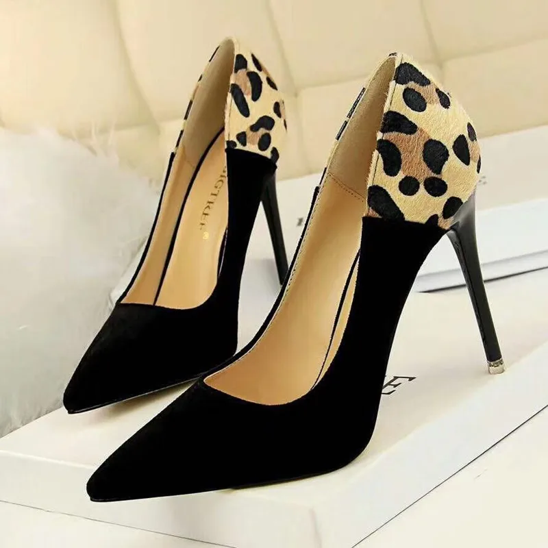 

Fashion women pumps 10CM thin high heel shallow mouth Pointed Toe sexy thin suede color leopard print shoes for party /office