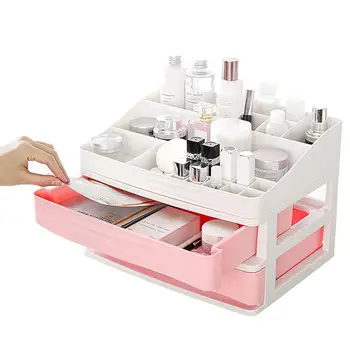 

Desktop Multi-deck Cosmetics Storage Case Space-saving Drawer Type Makeup Organizer (Small Size) (Pink) (Double-deck)