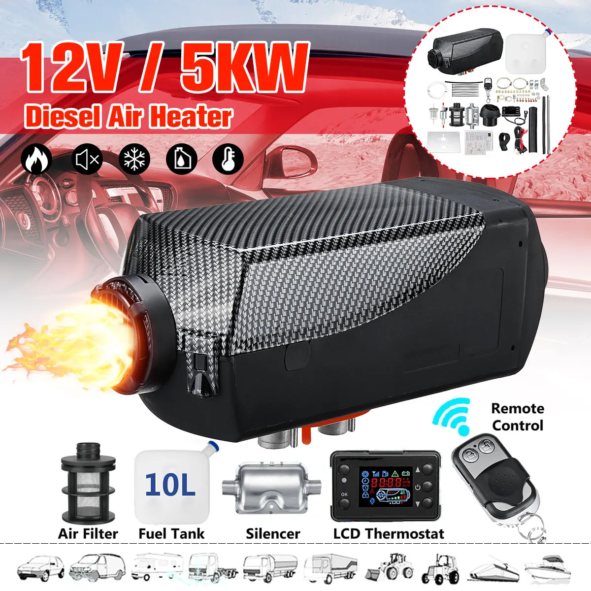 

Carbon 12V 5000W Lcd Monitor Air Diesels Fuel Heater Single Hole 5Kw For Boats Bus Car Heater With Remote Control Silencer Fan