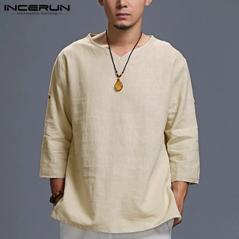 INCERUN, китайский стиль, мужские рубашки, длинный рукав, в сложенном виде, v-образный вырез, обычная футболка, свободный крой, хлопковые топы, мужские рубашки