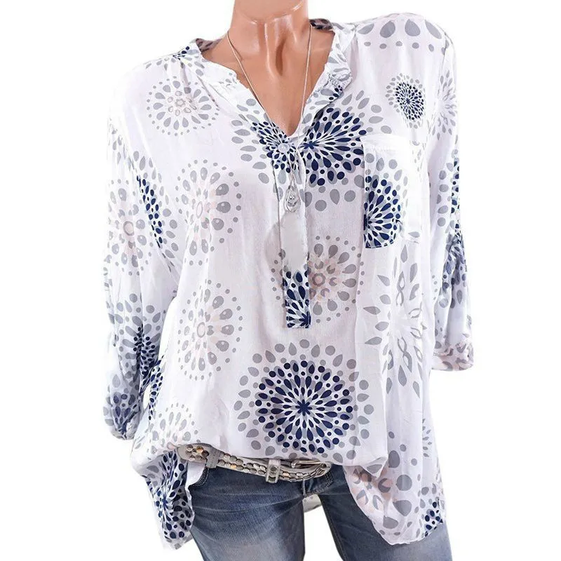 

Women Shirts And Blouses Summer Spring Casual Print V-neck Chiffon Blouse Women Top Camisa Feminina Long Sleeve Ladies Blouses