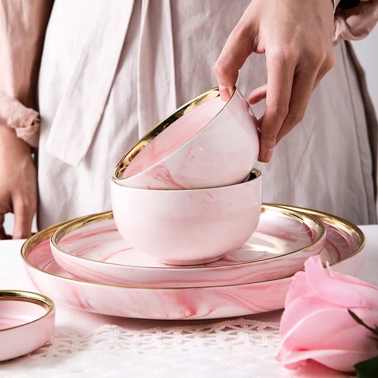 

1pc Marble Ceramic Pink Dinner Dish Rice Salad Noodles Bowl High Quality Tableware Kitchen Cook Tool Soup Plates Dinnerware set