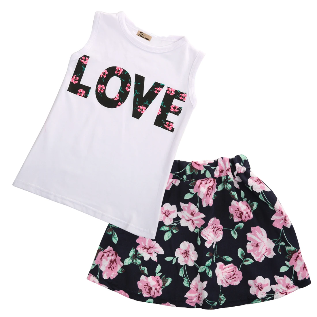 

Emmababy Flower Girs Clothing Age 2-7Y baby girls clothes set 2pcs/set love sleeveless T-shirts+print mini skirts Outfits Set