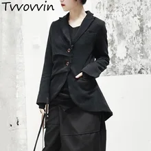 Новая весенняя черная жаккардовая куртка с отворотом и длинным рукавом, свободная куртка с неровным подолом, модное женское пальто E045