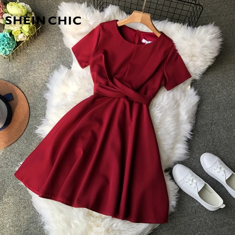 

Summer Vintage Bow A-line Mini Dress 2019 Women O-neck Short Sleeve Slim Dress Wine Red/Pink/Black Vestidos