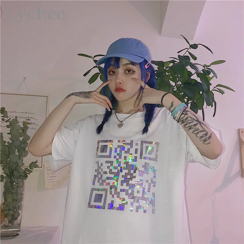 Lychee Harajuku qr код лазерные женские футболки Топы Футболки с круглым вырезом Лето
