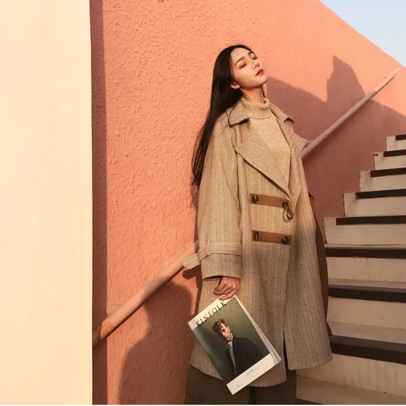 Automne Mode ewq Patchwork De Laine Ac733 Breasted Revers Thicken Longues Casual Hiver Manteau Manches Poches Lâche normal Femmes 2018 Long Double tSqrqw5