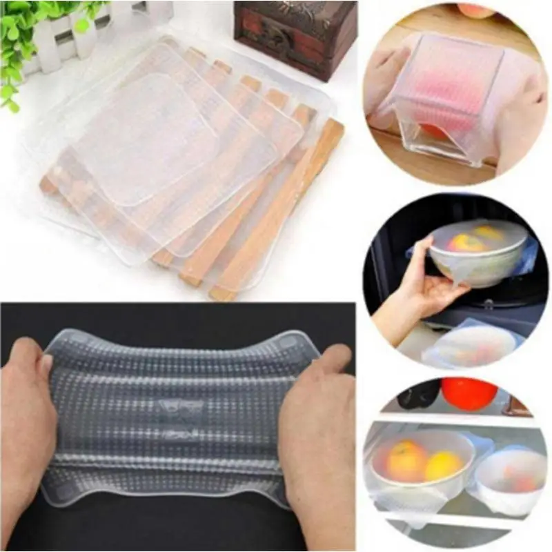 

4pcs/set Silicone Food Wraps Reusable Keeping Food Fresh Saran Wrap Bowl Pot Seal Vacuum Cover Stretch Lid Kitchen Accessories