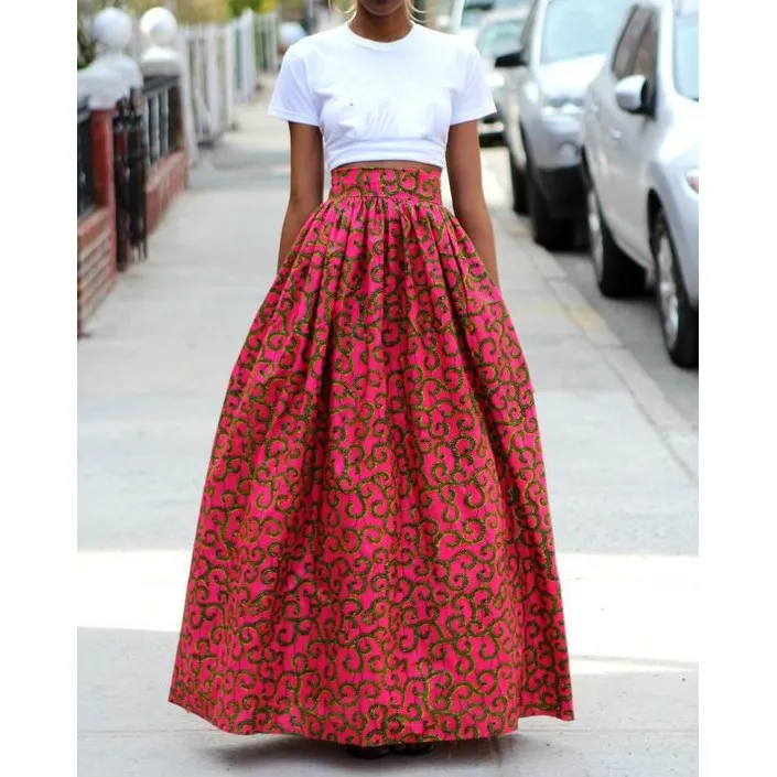 

Women African Dashiki Spring Summer Maxi Beach Skirt Floral Print High Waist Pleated Long Skirts