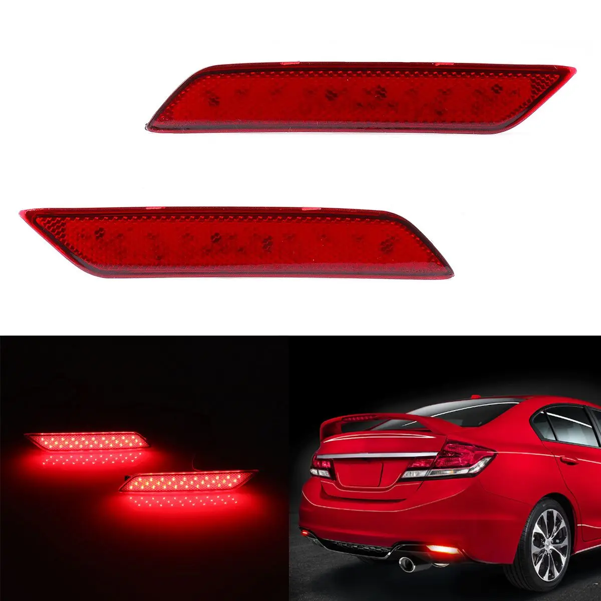 

1 Pair 60-SMD Red Color LED Rear Bumper Reflector Marker Lights Driving and Brake Light For Honda For Civic Sedan 2013 2014 2015