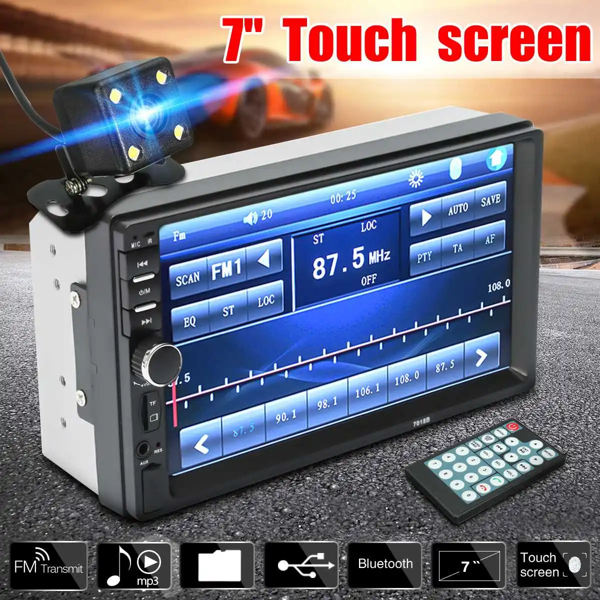 

7" HD bluetooth Touchs Screen 2 Din Car Stereo Radio FM AUX USB SD MP5 Player + Rear View Camera + Remote Controller