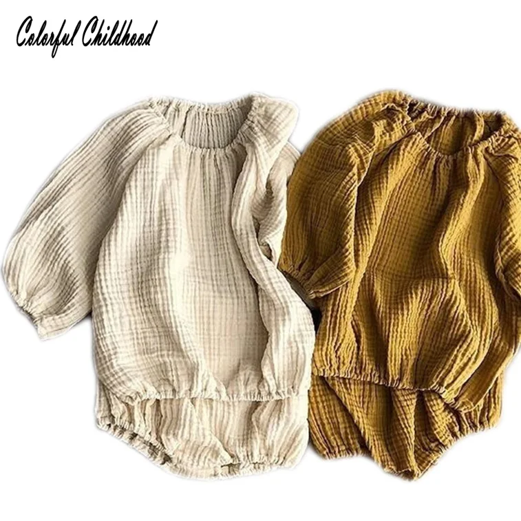 

Long sleeve Top+shorts Baby Girl Clothing 2pcs Sets Pure Color Newborn Outfit Linen Clothes For Baby Boy kz bebek kyafeti 0-24m