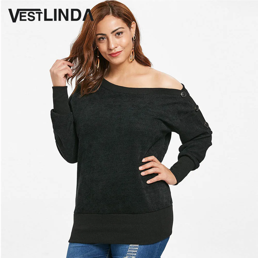 VESTLINDA косой средства ухода за кожей Шеи пуговицы Drop Shoulder толстовка плюс размеры для женщин с длинным рукавом Пуловеры для осень 2018 г. повседн