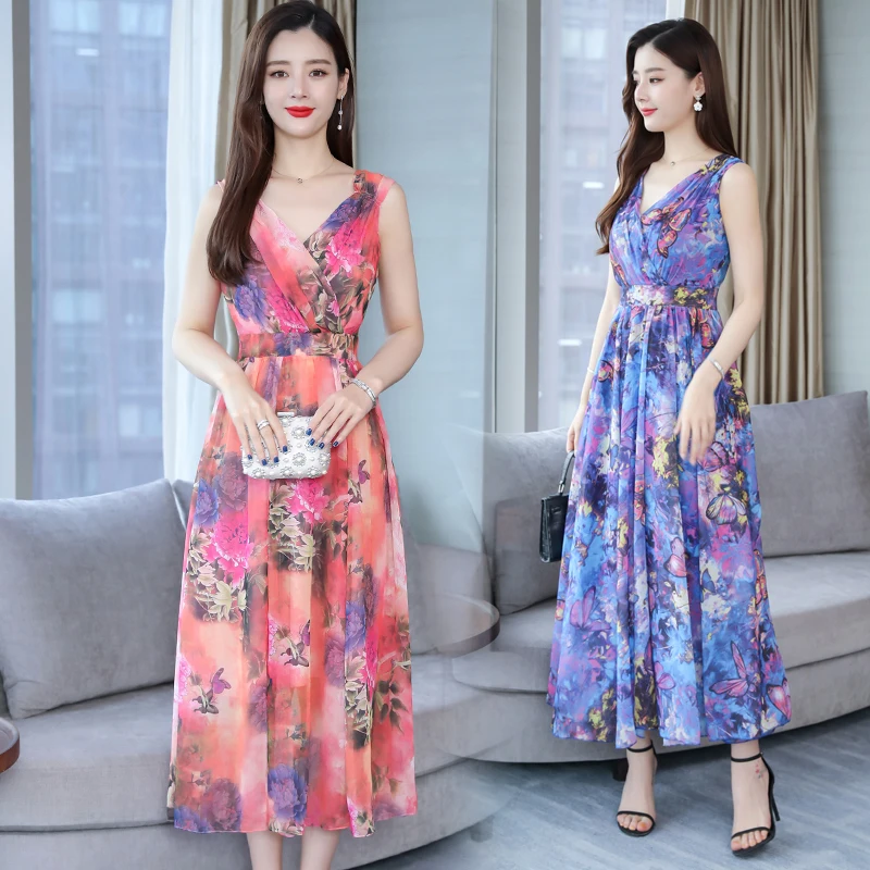 

2019 new summer fair maiden temperament posed chiffon Longuette party dresses for plus size women 4XL sexy korean long vintage
