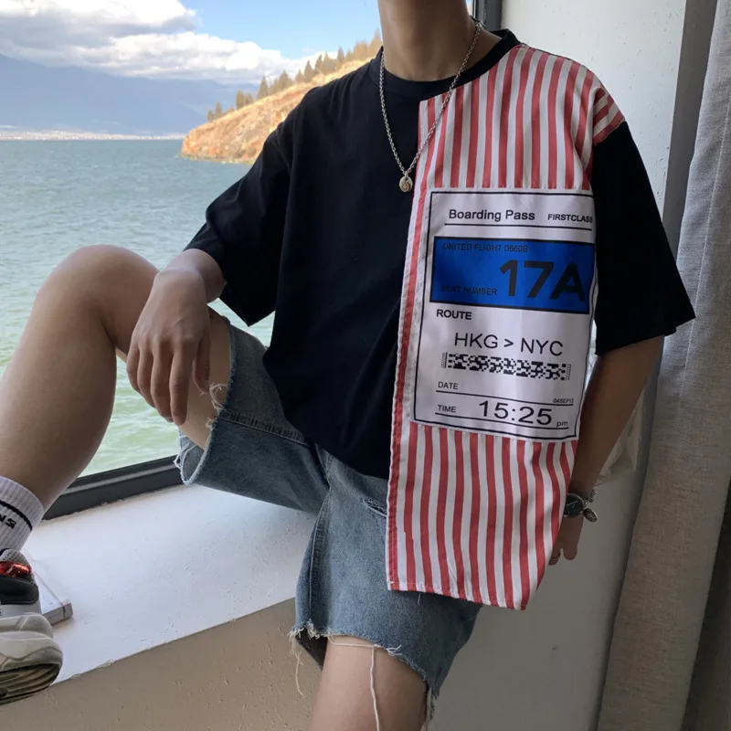 

Men's T-shirt 2019 Spring New Round Neck Loose Pullover Youth Youth Fake Two Pieces Ribbon Stitching Youth Casual Men's Clothing