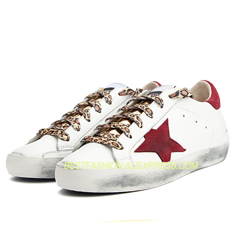 

Women design leopard shoelace red color Star Genuine leather Casual Shoe cow Leather Lace Up Vintage Do Old Dirty Shoes