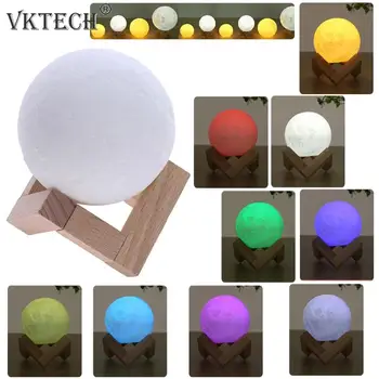 

3D Print LED Moon Lamp USB Rechargeable 16-Color Remote Control Night Light Bedroom Decor Gift Wooden Bracket