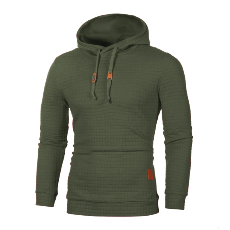 

New Men Fashion Warm Plaid Design Hip Hop Hooded Sweatshirt Casual Solid Color Drawstring Stretch Knitted Pullovers Sweatshirt