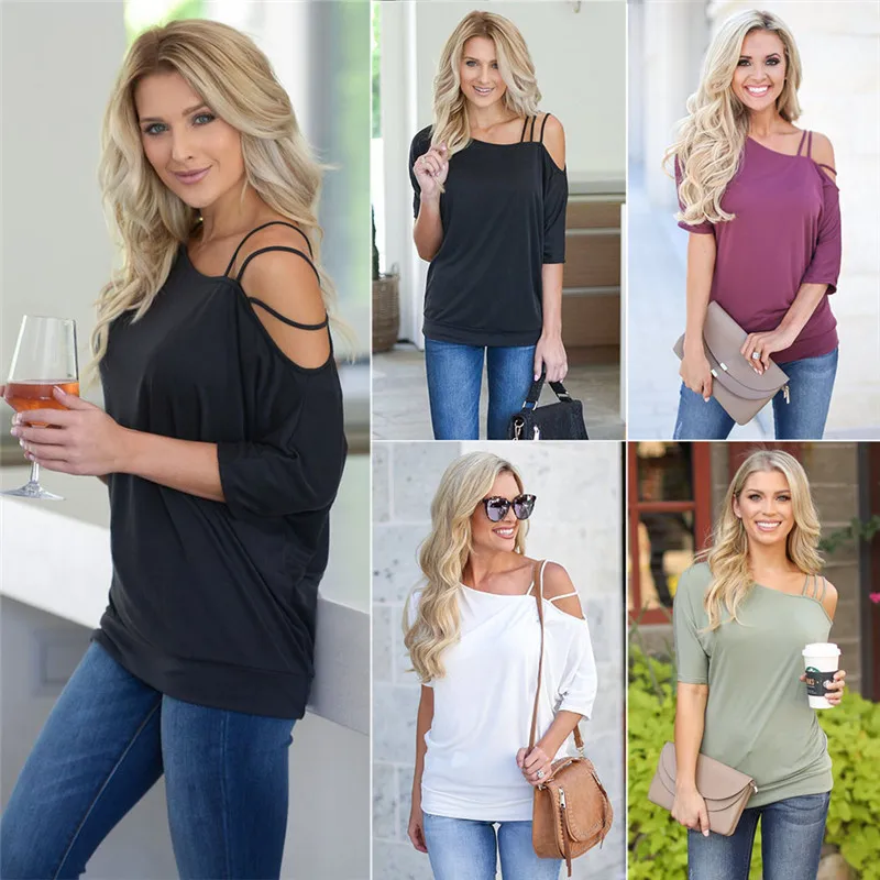 

2019 Summer Hot New Women Clothes Clothings Fashion One-Shoulder Casual Loose Solid color Short Sleeve Tops Cotton Shirts