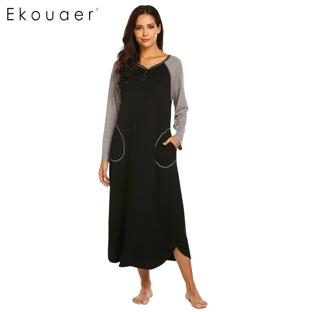 Ekouaer ночная рубашка ночные рубашки для женщин с длинным рукавом весна осень платье для сна свободный до середины икры пуловер с v-образным вырезом ночная рубашка