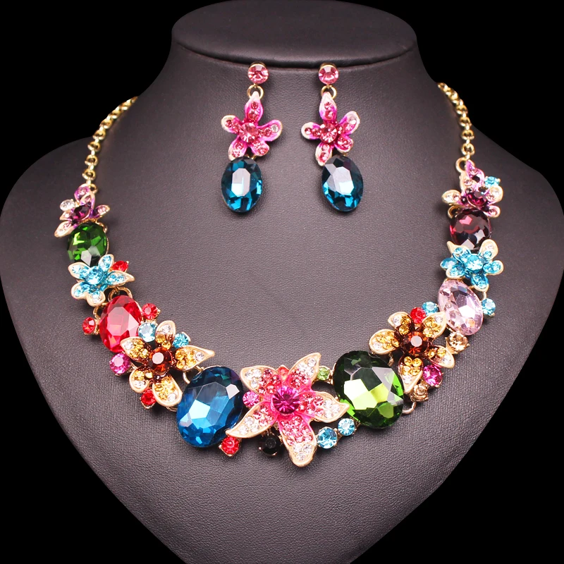 Cute Flowers Crystal Bridal Necklace Jewelry Sets Necklace Earrings