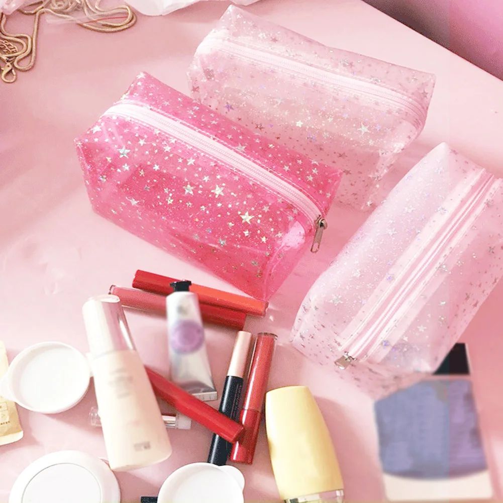 

Women Mini Pink Star Blingbling Travel Transparent Cosmetic Bag Girls Sweet PVC Small Makeup Zipper Bag Portabel Wash Pouch