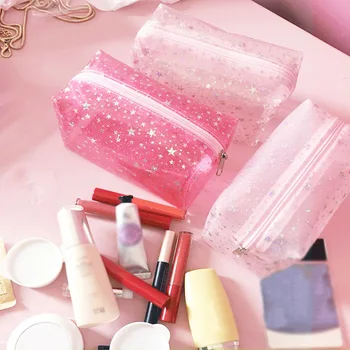 

Women Mini Pink Star Blingbling Travel Transparent Cosmetic Bag Girls Sweet PVC Small Makeup Zipper Bag Portabel Wash Pouch
