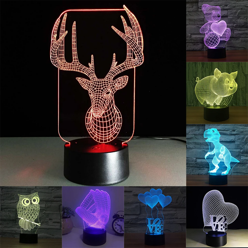 3D Illusion Led Lamp Novelty USB Lamp RGB 7 Color Changing Touch Animal