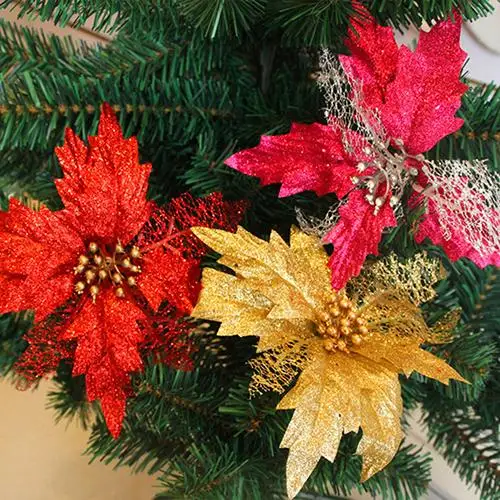 

Hollow Glitter Poinsettia Fake Flower Christmas Tree Wedding Party Decoration