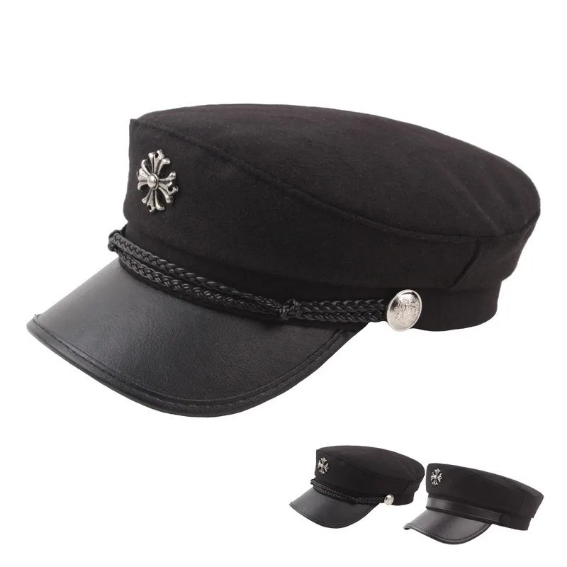 

Navy Hat Woman Korean Fashion Wool Heavy Woolen Cloth Seaman Hat Male Flat Roof Student Hat Cross PU Bark Eaves Captain Hat