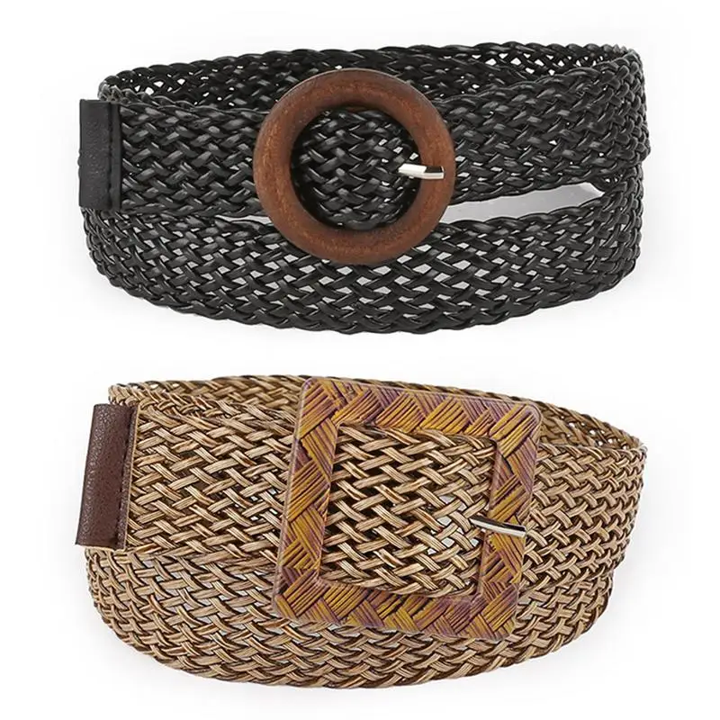

2019 Fashion Woven Belt For Women Jeans Dress Pants Solid Color Waist Belt Hollow Ethnic Style Round Buckle Wild Decoration Belt