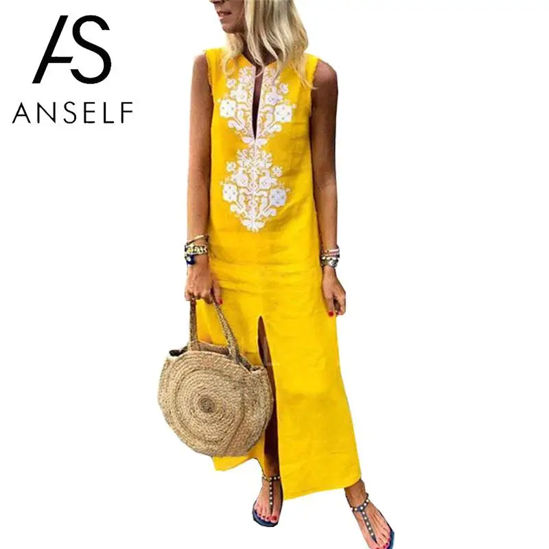 

Anself Vintage Women Print Dress V Neck Sleeveless Split women clothes 2019 Casual Loose Casual Straight Maxi Dress Vestidos