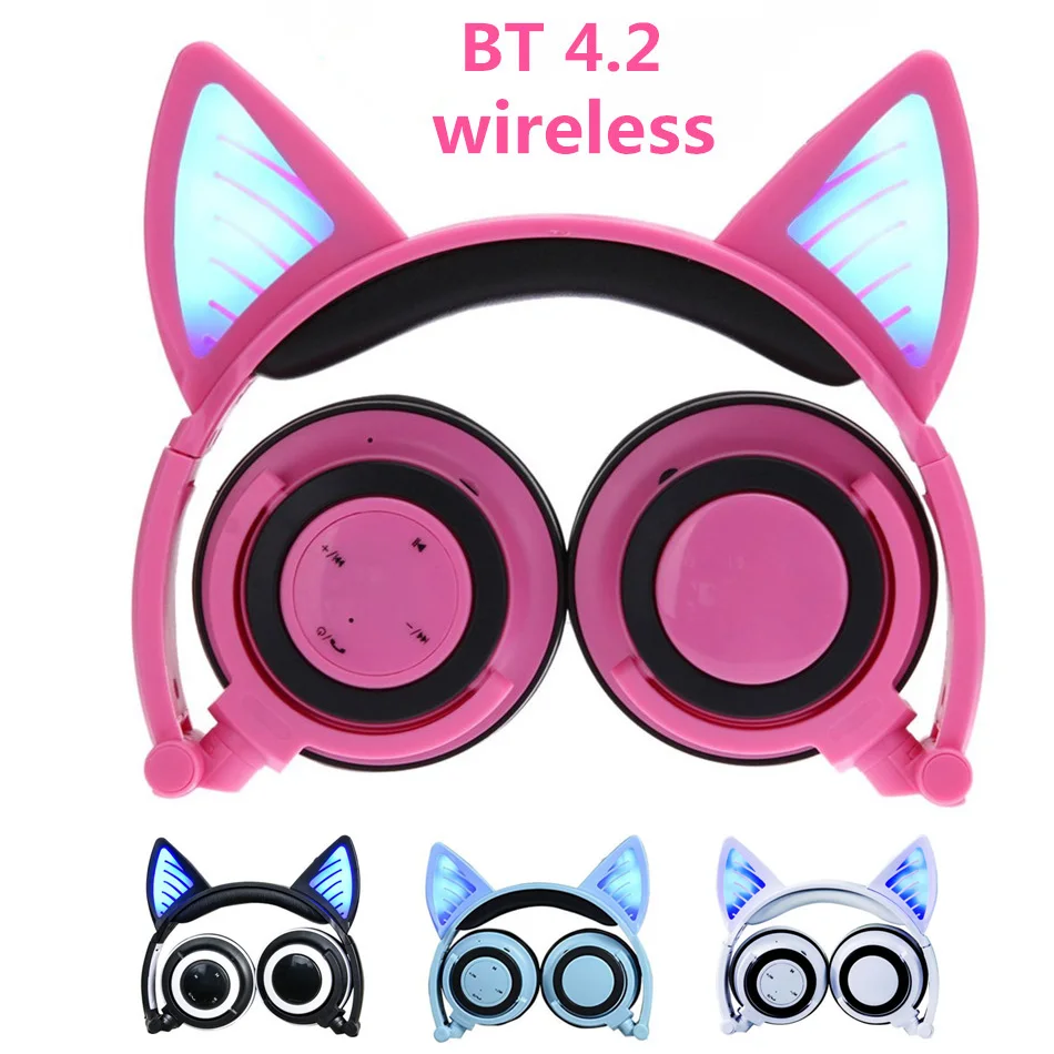 Wireless Bluetooth 4 2 Headset Cat Ear Headphones Foldable Ear Kids Headphone with Glowing Light LED Gaming 220mAh Battery