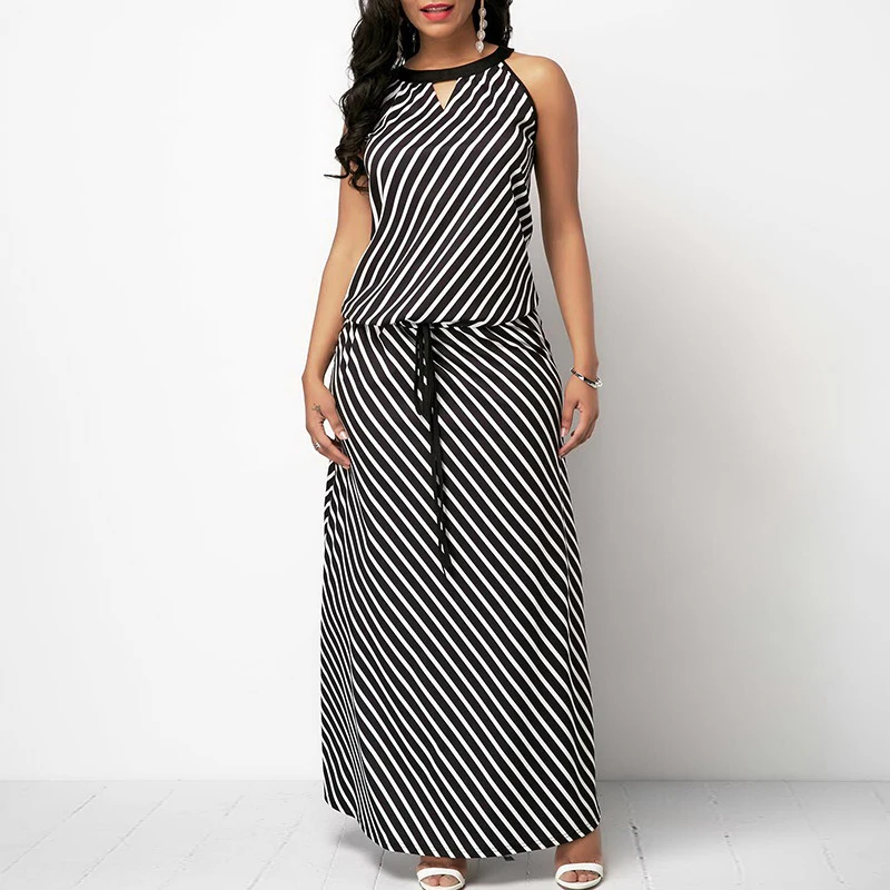 

Umeko Long Dress Black Striped Sleeveless Halter O Neck Maxi Dress Casual 3xl Office Lady Elegant Vestido Zomerjurk Dames 2019