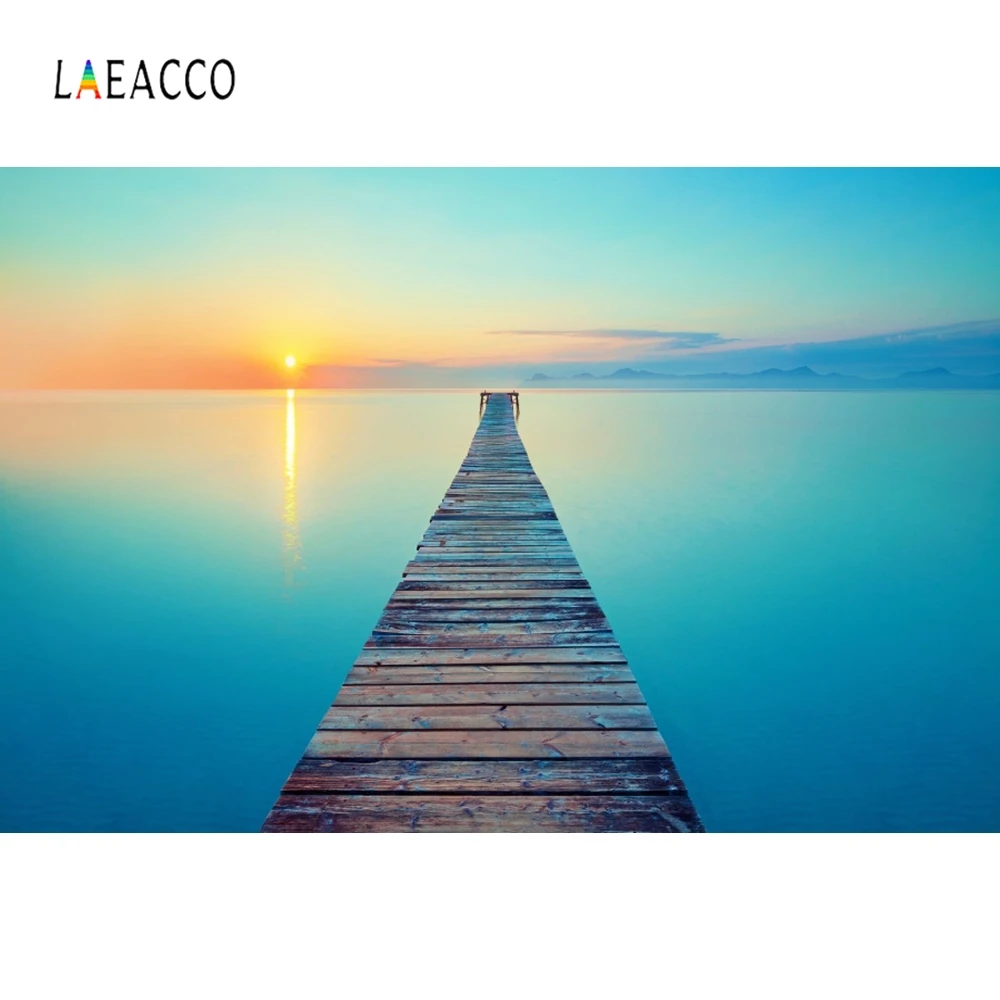 

Laeacco Wood Bridge Sea Sunset Backdrop Photography Backgrounds Customized Photographic Backdrops For Photo Studio
