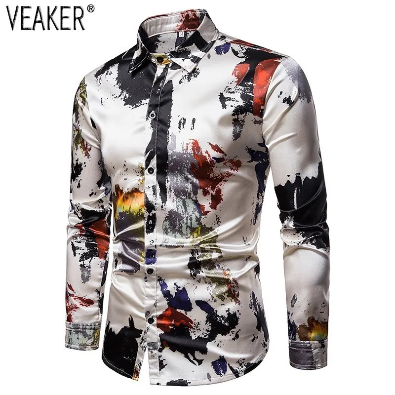 Goedkoop 2019 Nieuwe mannen Zijde Satijn Gedrukt Shirts Mannen Slim Fit Lange Mouw Party Shirt Tops Mannen Print Shirt S 2XL