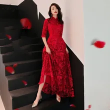Bride Chinese Evening Dress Elegant 2019 Red Lace Cheongsam Long Oriental Style Dresses Traditional Women Wedding Qipao Girl new red handmade nail bead women lace sexy qipao elegant chinese style wedding dress floral slim ankle length cheongsam