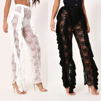 

2018 Fashion Womens Flared Pants Ladies High Waist Mesh Lace See Through Sexy Casual Long Trousers Hollow Out Solid Pants